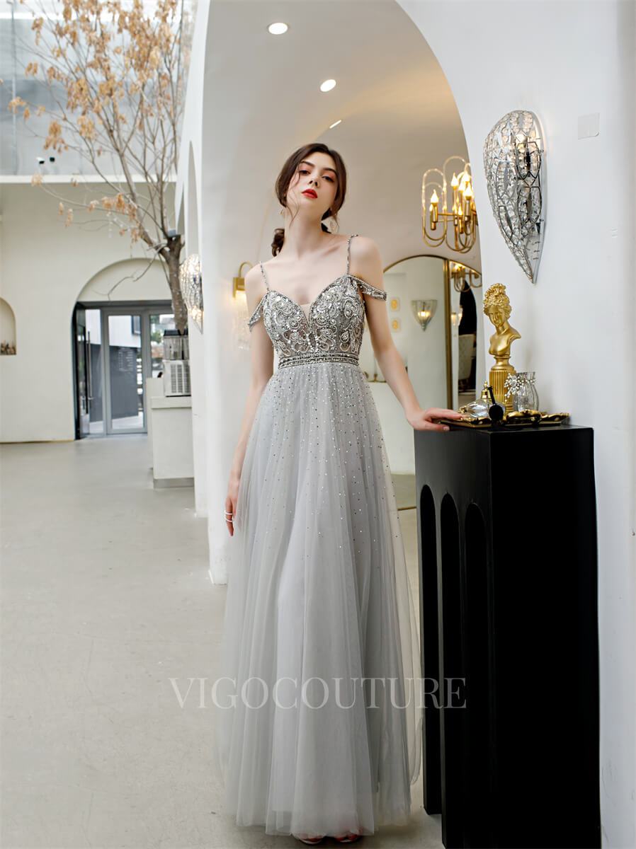 vigocouture-Spaghetti Strap Prom Dresses A-line Prom Gown Beaded 20176-Prom Dresses-vigocouture-Silver-US2-