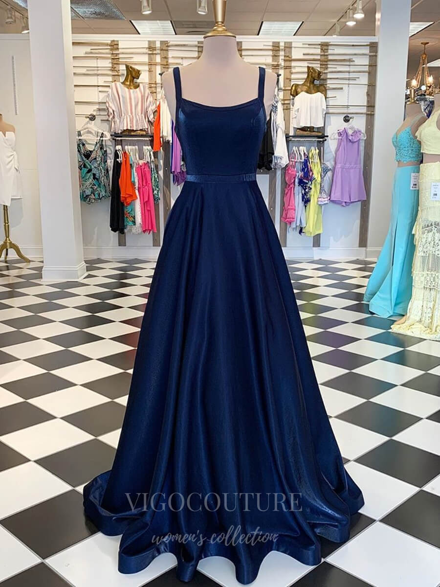 vigocouture-Spaghetti Strap Satin Prom Dress 20603-Prom Dresses-vigocouture-Navy Blue-US2-