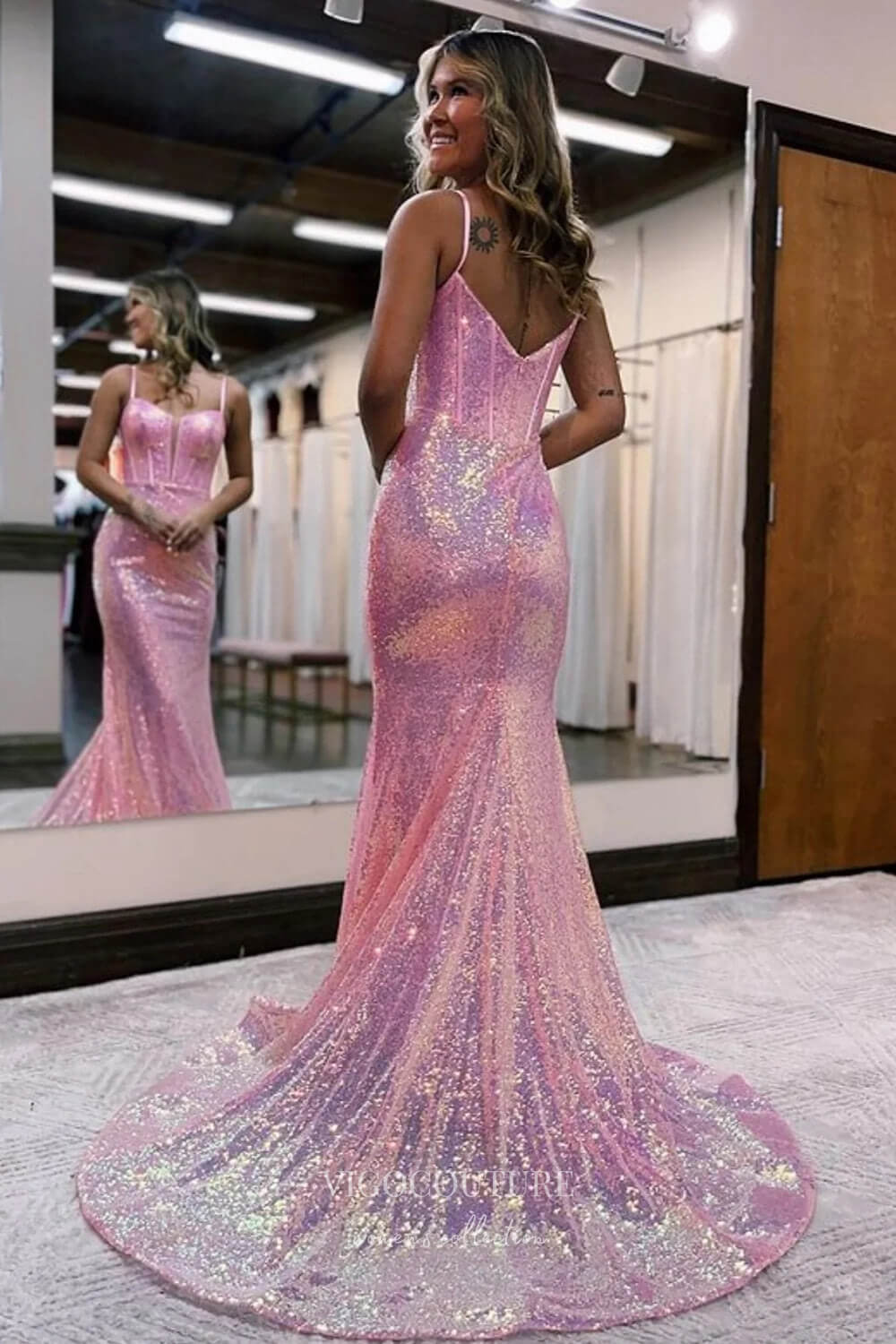 Spaghetti Straps Mermaid Sequin Prom Dress, High Slit V-neck