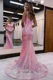 Sparkling Mermaid Sequin Prom Dress with Spaghetti Strap and Plunging V-Neck 22219-Prom Dresses-vigocouture-Lavender-Custom Size-vigocouture