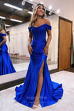 Sparkling Off-Shoulder Mermaid Prom Dress with Slit and Lace Applique Bodice - Elegant Satin Bottom 22188-Prom Dresses-vigocouture-Blue-Custom Size-vigocouture