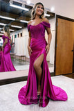 Sparkling Off-Shoulder Mermaid Prom Dress with Slit and Lace Applique Bodice - Elegant Satin Bottom 22188-Prom Dresses-vigocouture-Magenta-Custom Size-vigocouture