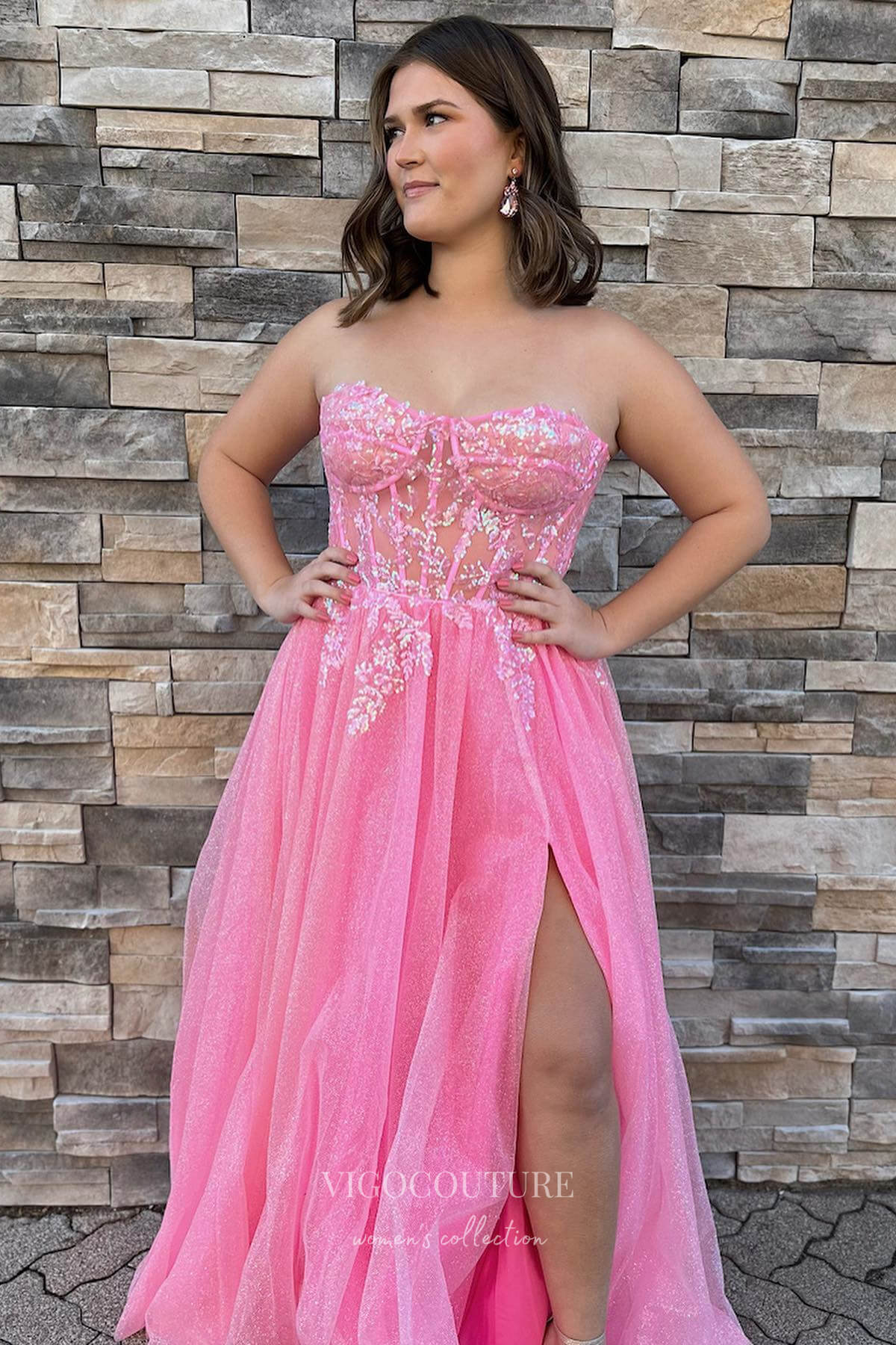 Sparkling Pink Strapless Prom Dress with Lace Applique Bodice and Slit 22194-Prom Dresses-vigocouture-Pink-Custom Size-vigocouture