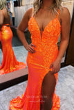 Sparkly 3D Flowers Mermaid Prom Dress with Slit Spaghetti Strap Sweetheart Neck Evening Dress 20836-Prom Dresses-vigocouture-Orange-US2-vigocouture
