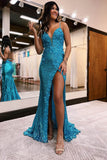 Sparkly 3D Flowers Mermaid Prom Dress with Slit Spaghetti Strap Sweetheart Neck Evening Dress 20836-Prom Dresses-vigocouture-Blue-US2-vigocouture