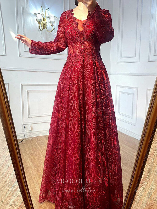 vigocouture-Sparkly Beaded Long Sleeve Prom Dresses Lace Applique Formal Dresses 21267-Prom Dresses-vigocouture-Burgundy-US2-
