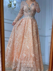 Sparkly Beaded Long Sleeve Prom Dresses Lace Applique Formal Dresses 21267