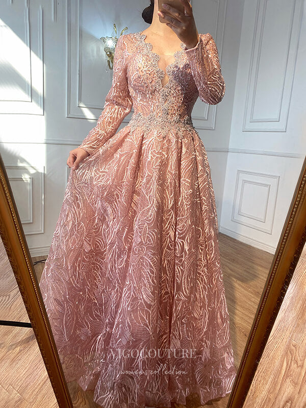 vigocouture-Sparkly Beaded Long Sleeve Prom Dresses Lace Applique Formal Dresses 21267-Prom Dresses-vigocouture-Pink-US2-