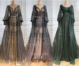 vigocouture-Sparkly Beaded Long Sleeve Prom Dresses Plunging V-Neck Formal Dresses 21272-Prom Dresses-vigocouture-