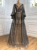 vigocouture-Sparkly Beaded Long Sleeve Prom Dresses Plunging V-Neck Formal Dresses 21272-Prom Dresses-vigocouture-Grey-US2-
