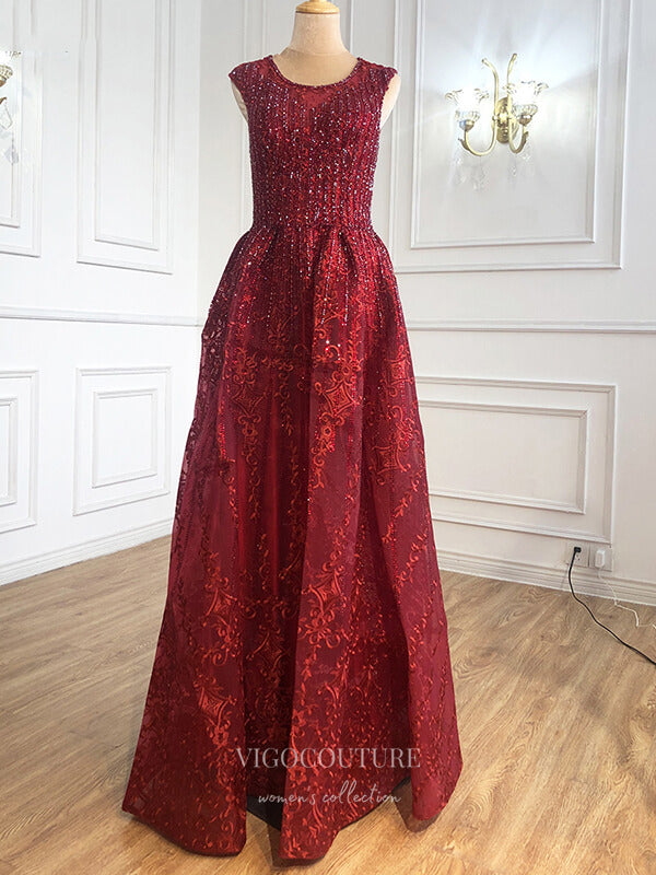 vigocouture-Sparkly Beaded Prom Dresses Lace Applique Formal Dresses 21270-Prom Dresses-vigocouture-Burgundy-US2-