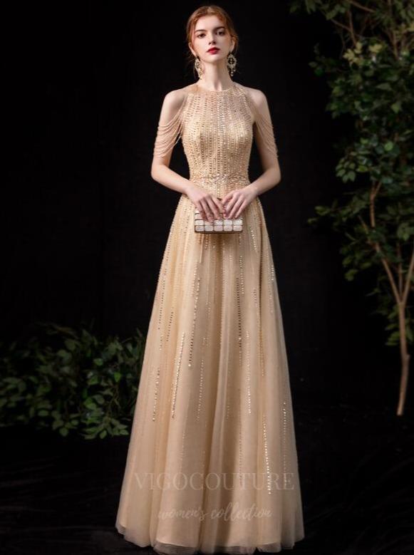 vigocouture-Sparkly Beaded String Prom Dress 20154-Prom Dresses-vigocouture-Gold-US2-
