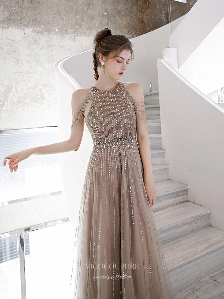 vigocouture-Sparkly Beaded String Prom Dress 20154-Prom Dresses-vigocouture-Khaki-US2-