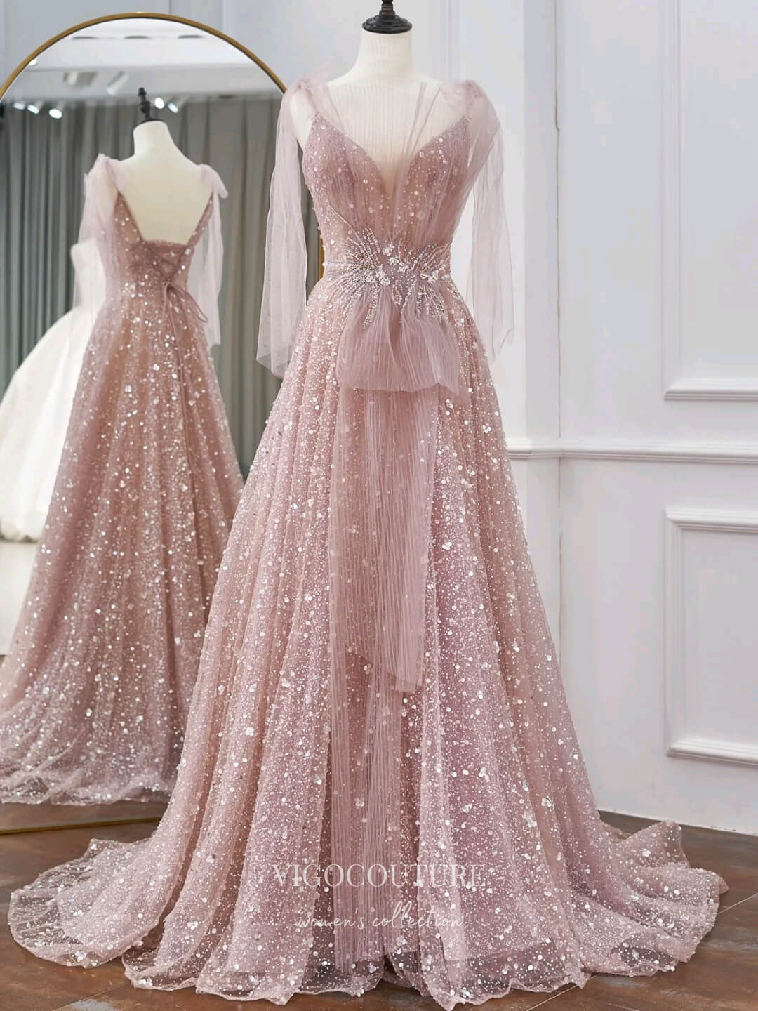 vigocouture-Sparkly Blush Sequin Prom Dresses Spaghetti Strap Formal Dresses 21189-Prom Dresses-vigocouture-Blush-Custom Size-