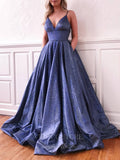 vigocouture-Sparkly Lace Spaghetti Strap A-Line Prom Dress 20607-Prom Dresses-vigocouture-Blue-US2-