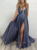 vigocouture-Sparkly Lace Spaghetti Strap A-Line Prom Dress 20612-Prom Dresses-vigocouture-Blue-US2-