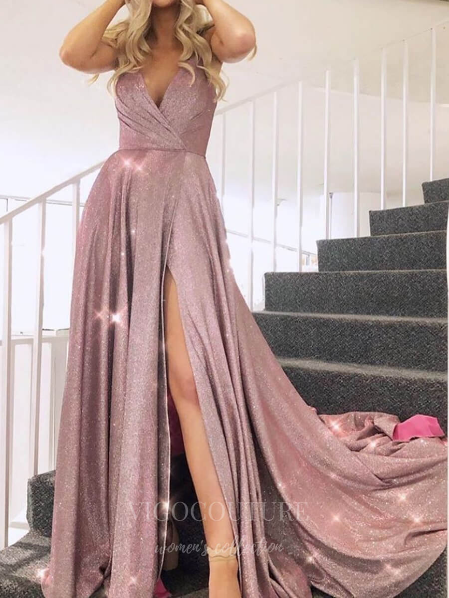 vigocouture-Sparkly Lace Spaghetti Strap A-Line Prom Dress 20612-Prom Dresses-vigocouture-Pink-US2-