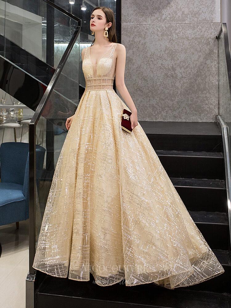 vigocouture-Sparkly Lace V-Neck Prom Dress 20250-Prom Dresses-vigocouture-