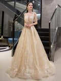 vigocouture-Sparkly Lace V-Neck Prom Dress 20250-Prom Dresses-vigocouture-Champagne-US2-
