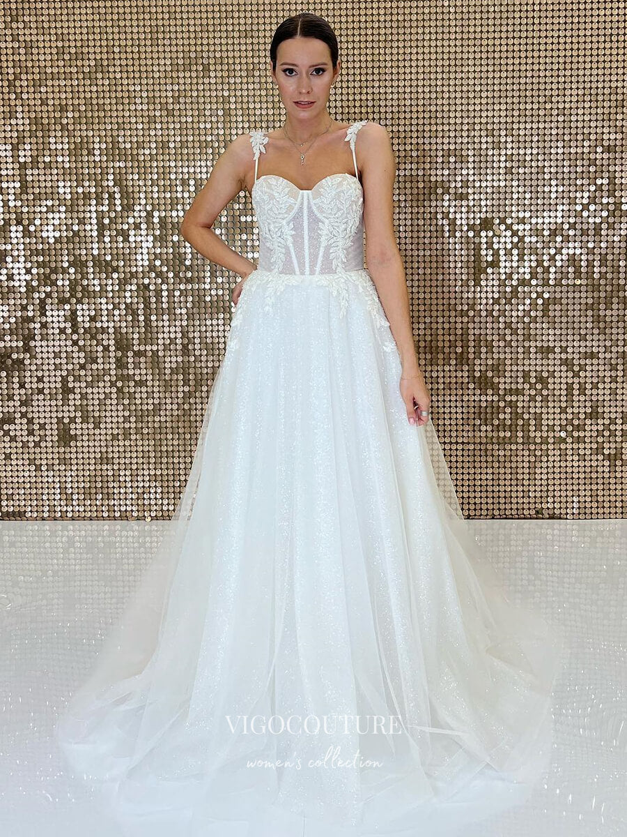 vigocouture-Sparkly Lace Wedding Dresses Spaghetti Strap Bridal Dresses W0050-Wedding Dresses-vigocouture-