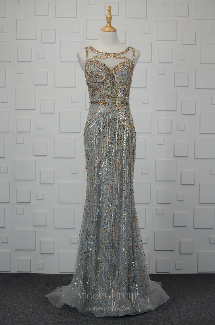 vigocouture-Sparkly Mermaid Prom Dresses Beaded Evening Dresses 20760-Prom Dresses-vigocouture-Silver-US2-