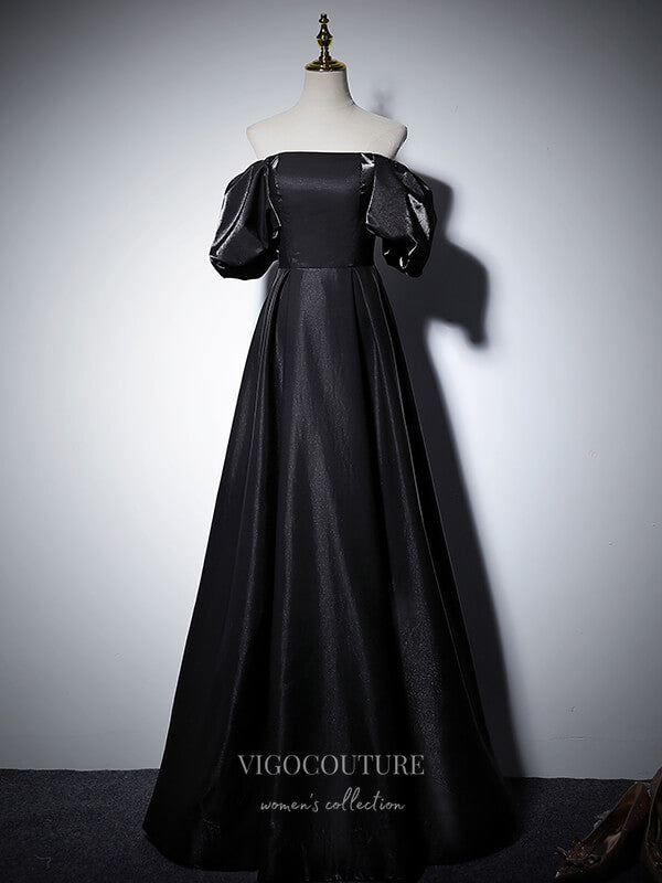 vigocouture-Sparkly Satin Prom Dresses Puffed Sleeve Formal Dresses 21060-Prom Dresses-vigocouture-Black-Custom Size-
