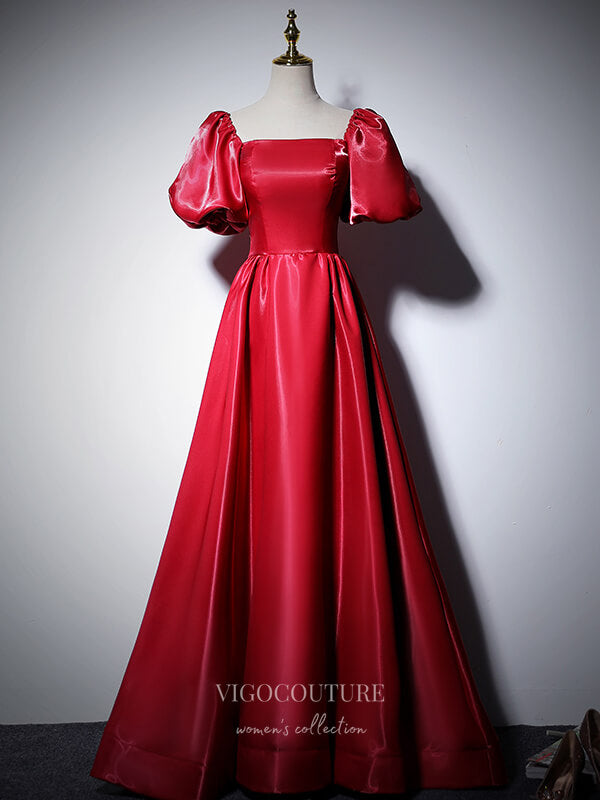 vigocouture-Sparkly Satin Prom Dresses Puffed Sleeve Formal Dresses 21060-Prom Dresses-vigocouture-Red-Custom Size-