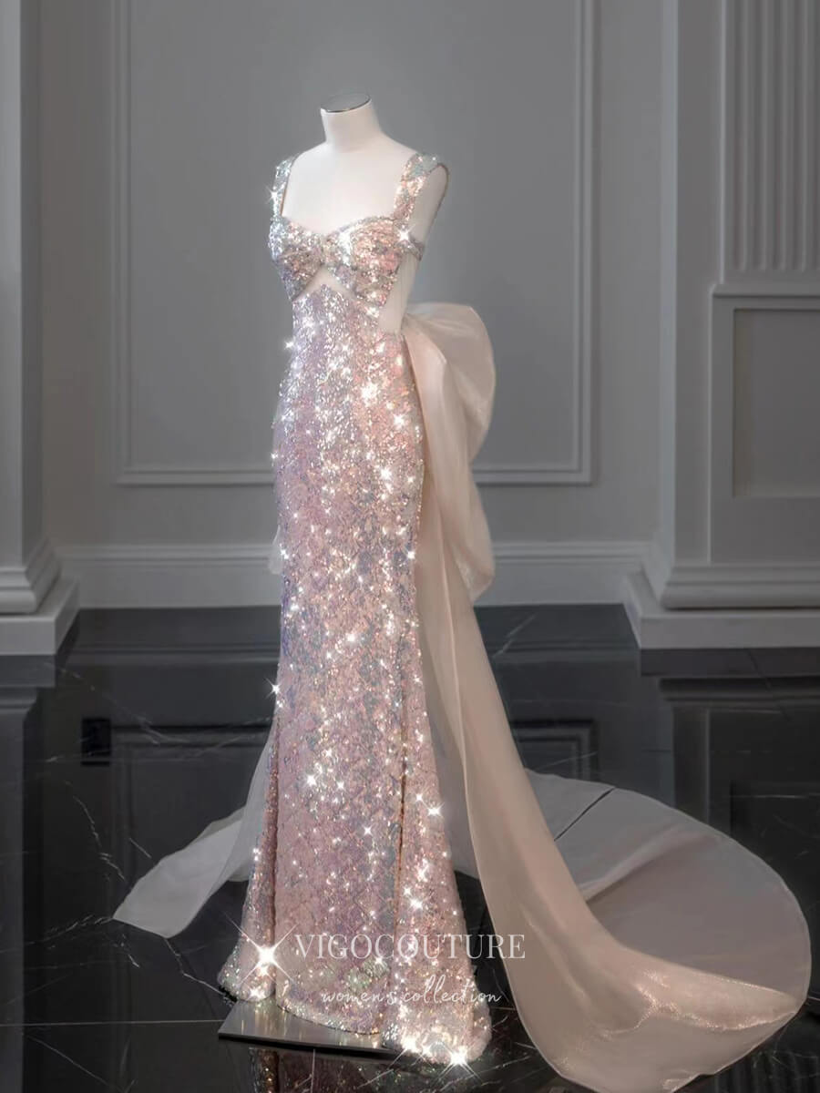 vigocouture-Sparkly Sequin Prom Dresses Bow-Tie Evening Dresses 21318-Prom Dresses-vigocouture-Blush-US2-