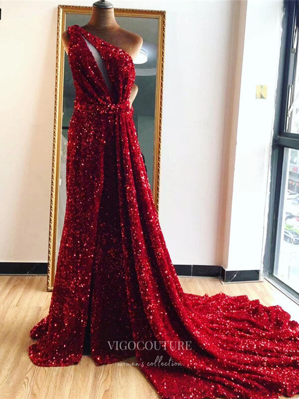 vigocouture-Sparkly Sequin Prom Dresses One Shoulder Evening Dresses 21277-Prom Dresses-vigocouture-Burgundy-US2-