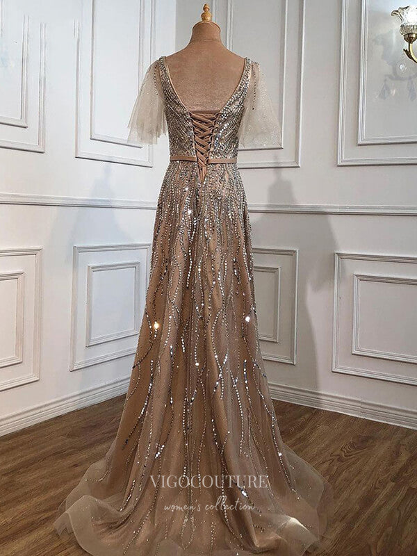 vigocouture-Sparkly Sequin Prom Dresses Short Sleeve Formal Dresses 21283-Prom Dresses-vigocouture-