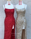 Sparkly Sequin Prom Dresses With Slit Mermaid Spaghetti Strap Evening Dress 21862-Prom Dresses-vigocouture-Burgundy-US2-vigocouture