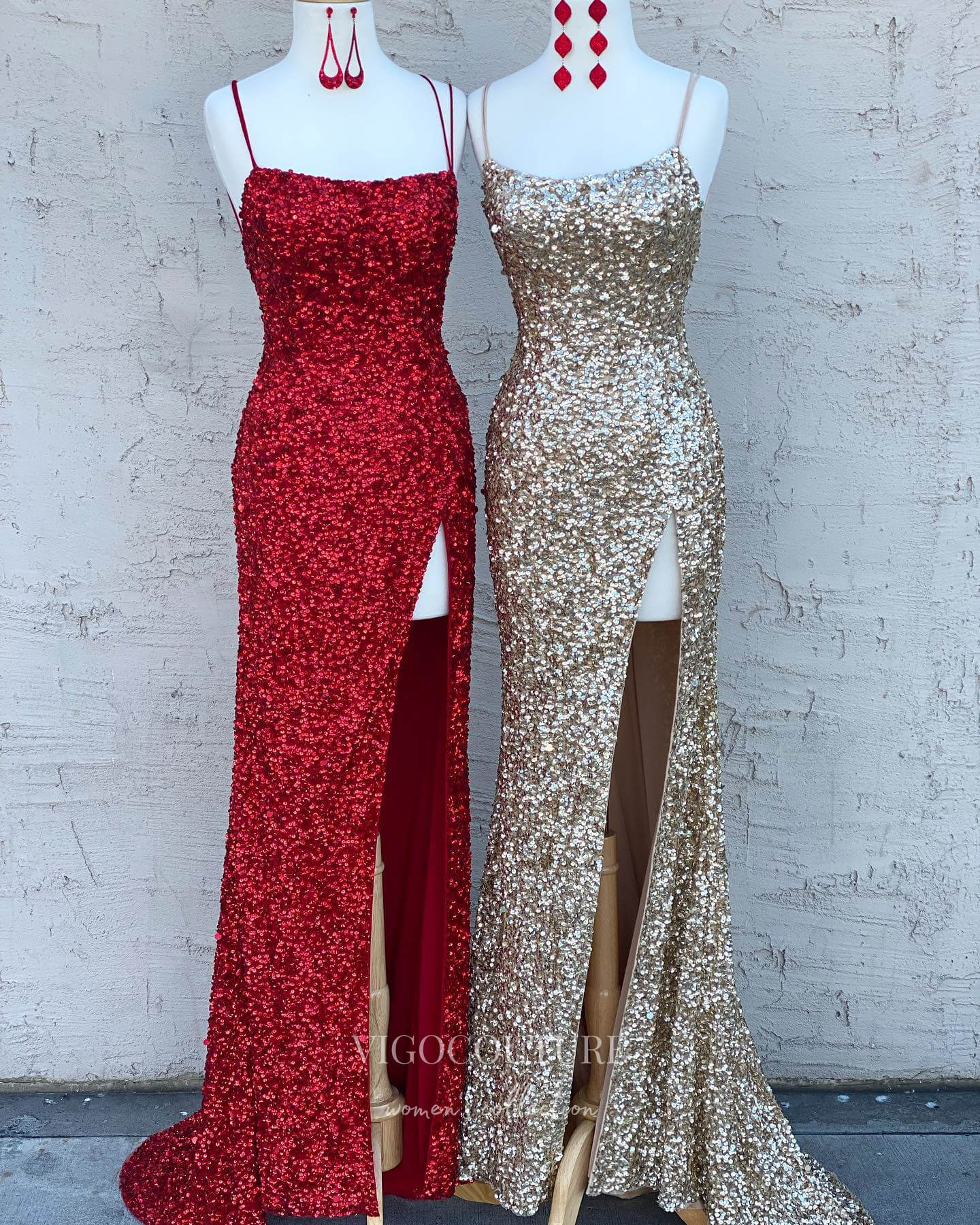 Sparkly Sequin Prom Dresses With Slit Mermaid Spaghetti Strap Evening –  vigocouture