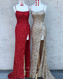 Sparkly Sequin Prom Dresses With Slit Mermaid Spaghetti Strap Evening Dress 21862