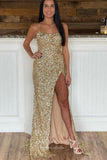 Sparkly Sequin Prom Dresses With Slit Mermaid Spaghetti Strap Evening Dress 21862-Prom Dresses-vigocouture-Champagne-US2-vigocouture