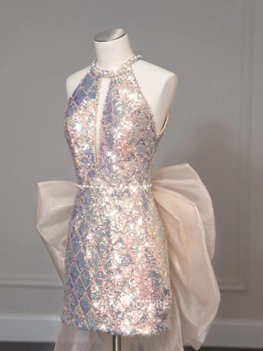 vigocouture-Sparkly Sequin Short Prom Dress Bow-Tie Homecoming Dress 21317-Prom Dresses-vigocouture-