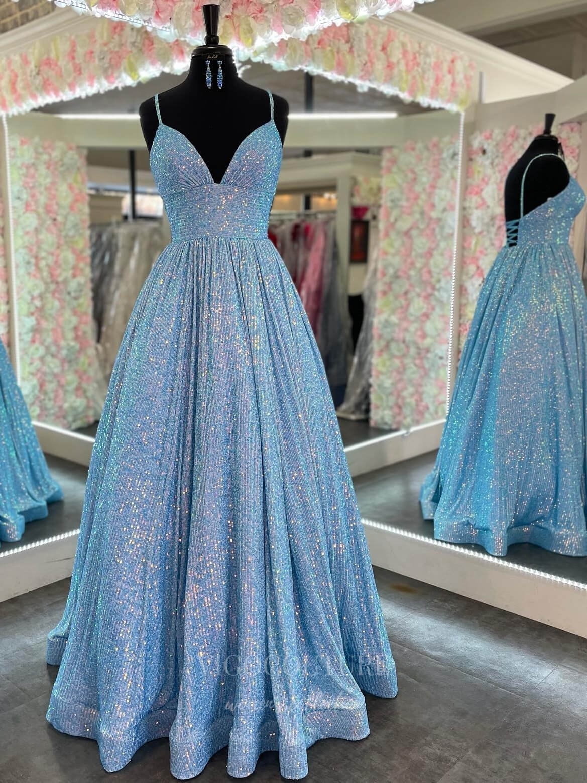 vigocouture-Sparkly Sequin Spaghetti Strap Prom Dress 20974-Prom Dresses-vigocouture-Light Blue-US2-