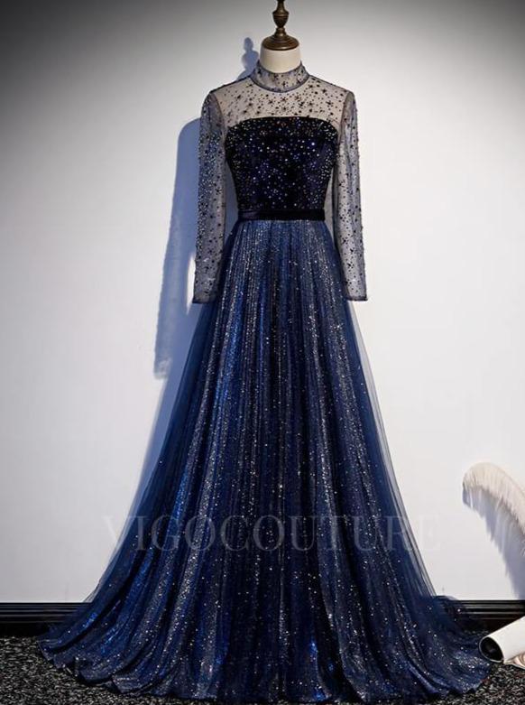 vigocouture-Sparkly Tulle Long Sleeve Prom Dress 2022 High Neck Prom Gown-Prom Dresses-vigocouture-Navy Blue-US2-
