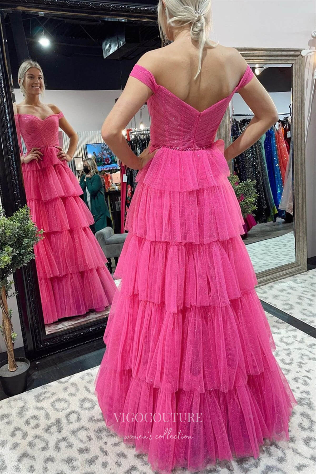 Sparkly Tulle Prom Dresses A-Line Off the Shoulder Formal Dresses 21539-Prom Dresses-vigocouture-Hot Pink-US2-vigocouture