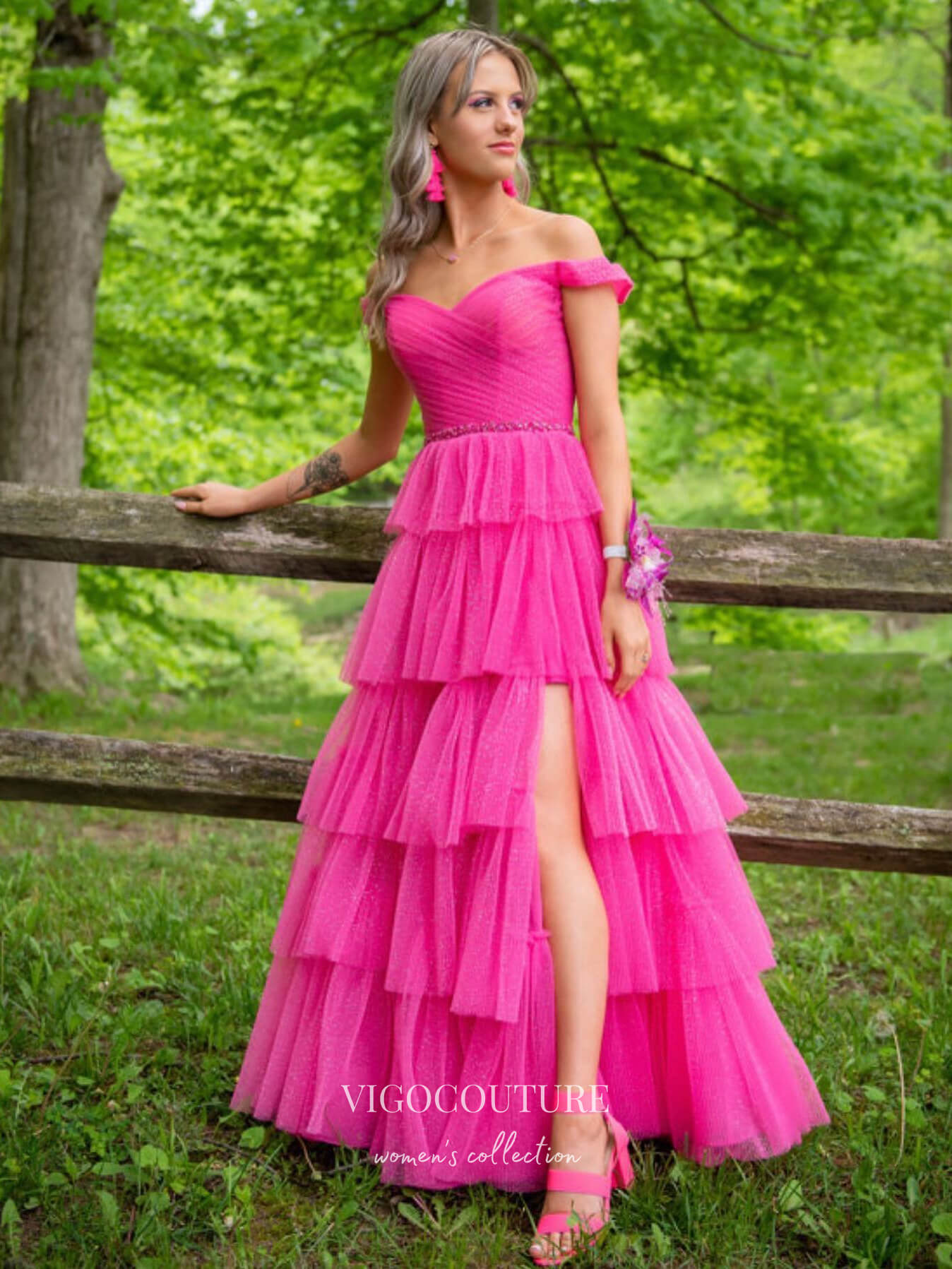 vigocouture-Sparkly Tulle Prom Dresses A-Line Off the Shoulder Formal Dresses 21539-Prom Dresses-vigocouture-Hot Pink-US2-