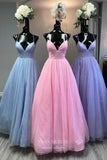 Sparkly Tulle Prom Dresses Spaghetti Strap V-Neck Formal Dress 21885-Prom Dresses-vigocouture-Pink-US2-vigocouture