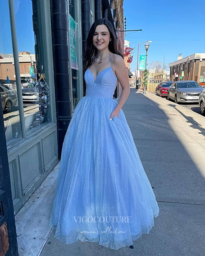 Sparkly Tulle Prom Dresses with Pockets Spaghetti Strap Evening Dress 21688-Prom Dresses-vigocouture-Blush-US2-vigocouture