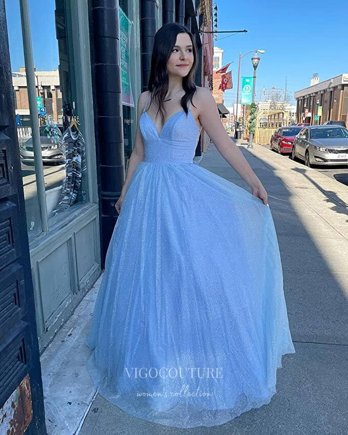 Sparkly Tulle Prom Dresses with Pockets Spaghetti Strap Evening Dress 21688-Prom Dresses-vigocouture-Light Blue-US2-vigocouture