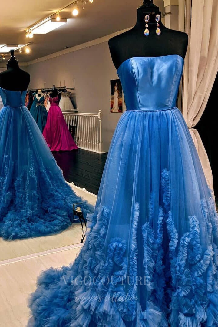vigocouture-Strapless A-Line Floral Prom Dress 20622-Prom Dresses-vigocouture-Blue-US2-