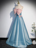 vigocouture-Strapless Blue Satin With Bow Prom Dress 20863-Prom Dresses-vigocouture-