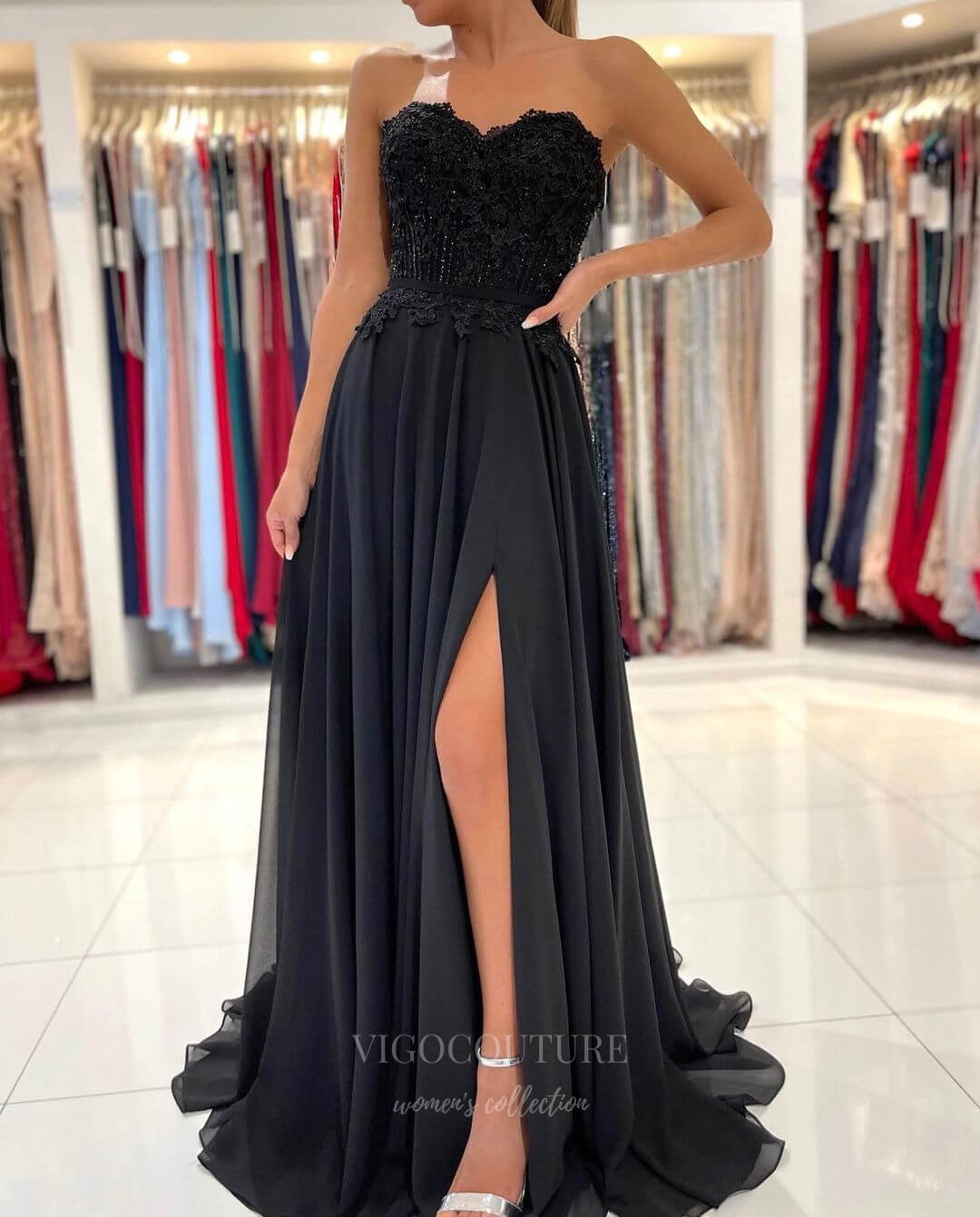vigocouture-Strapless Chiffon Beaded Lace Applique Prom Dress 20832-Prom Dresses-vigocouture-Black-US2-
