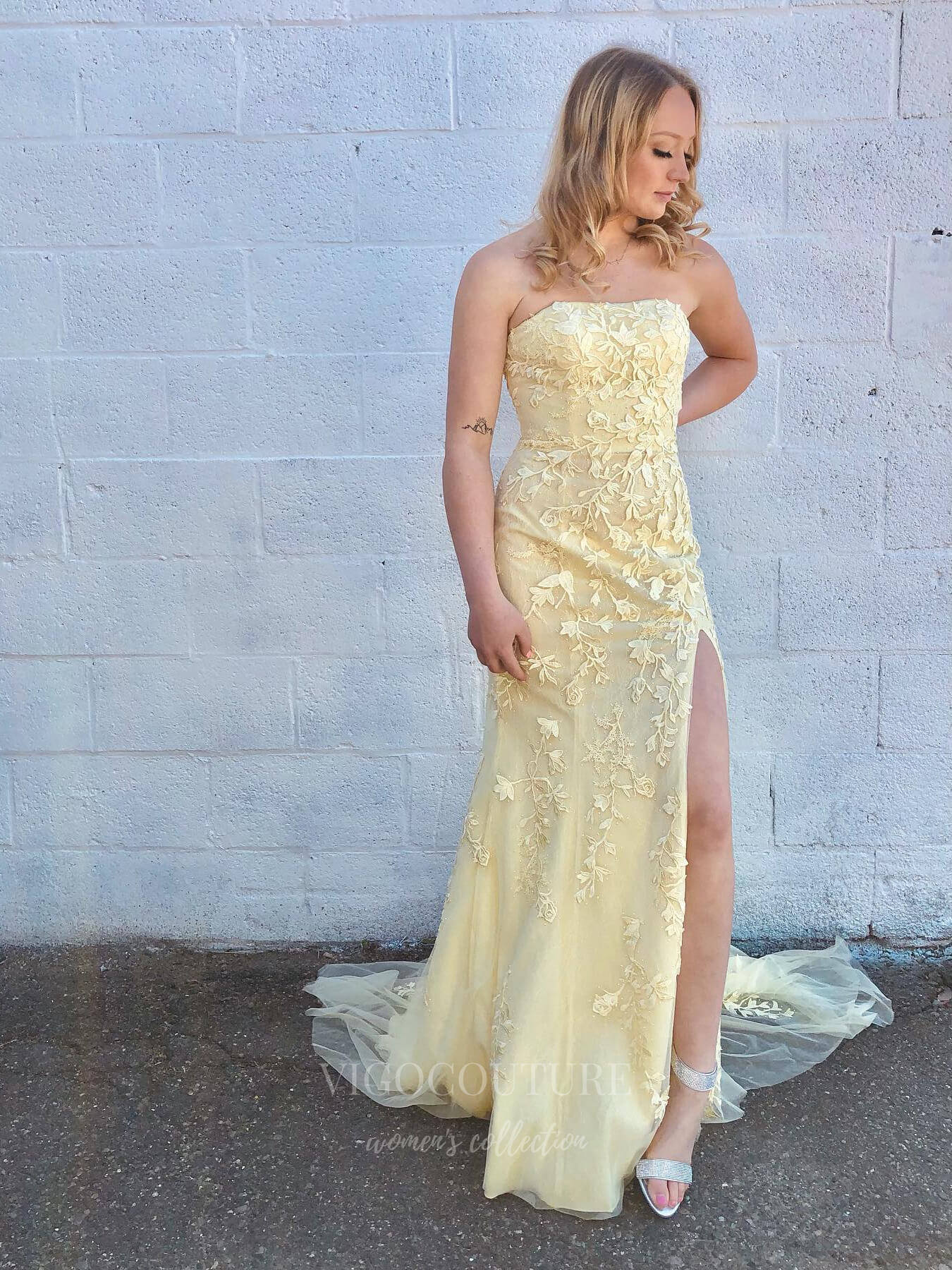 vigocouture-Strapless Lace Applique Mermaid Prom Dress 20927-Prom Dresses-vigocouture-Yellow-US2-