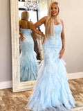 vigocouture-Strapless Lace Applique Mermaid Tiered Prom Dress 20965-Prom Dresses-vigocouture-Light Blue-US2-