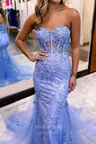 Strapless Lace Applique Prom Dresses with Corset Back Mermaid Evening Dress 22167-Prom Dresses-vigocouture-Blue-US2-vigocouture