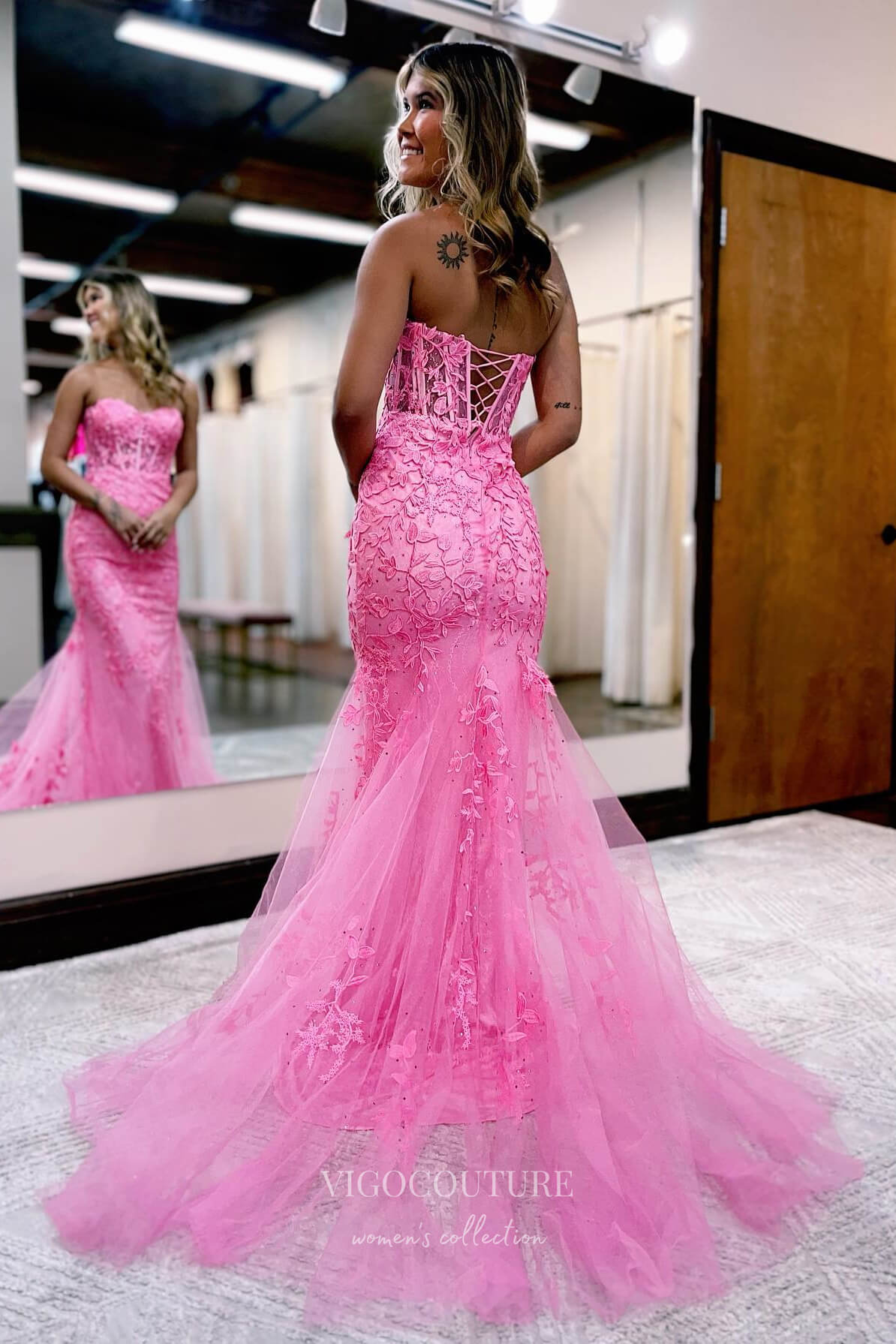 Strapless Lace Applique Prom Dresses with Corset Back Mermaid