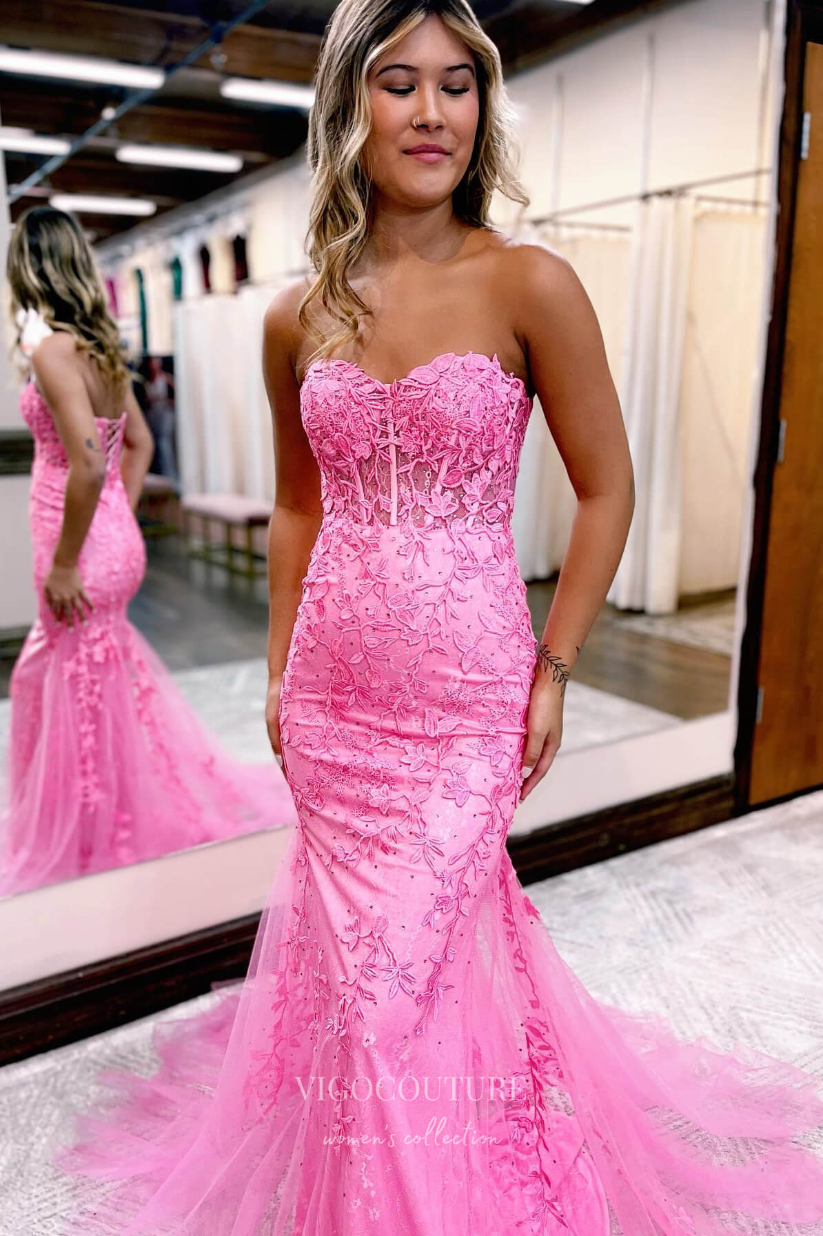 Light pink lace applique tulle long prom dress, Pink lace applique